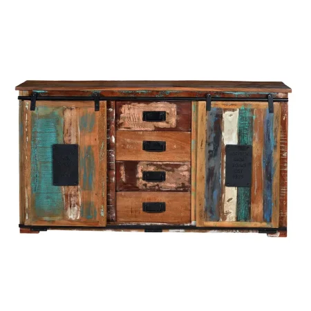 Aparador Yapen madera reciclada multicolor 4 cajones 2 puertas correderas estilo artesanal 150x38x81cm - Giner y Colomer - 6358GYC - foto-blanco