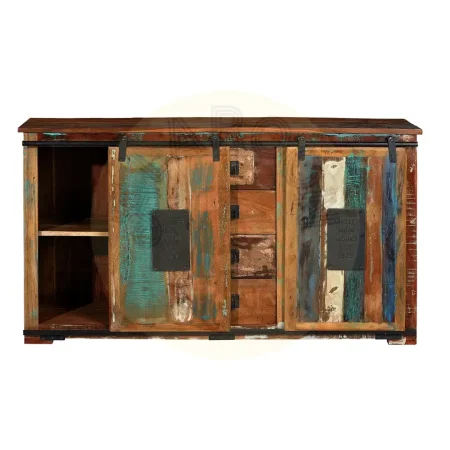 Aparador Yapen madera reciclada multicolor 4 cajones 2 puertas correderas estilo artesanal 150x38x81cm - Giner y Colomer - 6358GYC - foto-secundaria-2