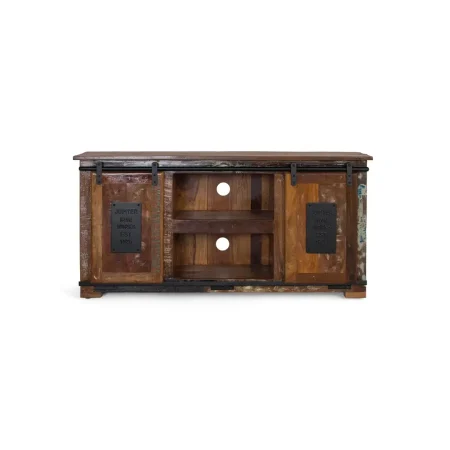 Mueble TV Yapen madera reciclada 2 puertas correderas con estante y orificios para cables 130x40x62cm - Giner y Colomer - 6359GYC - foto-blanco