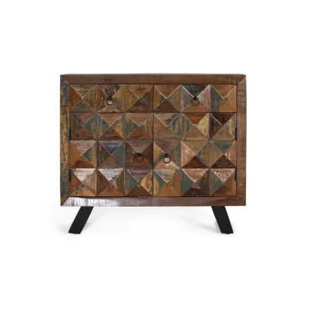 Consola Diamante Reciclado 2 cajones 2 puertas madera reciclada patas de hierro acabado multicolor patas negras estilo industrial 100x32x87cm - Giner y Colomer - 6425GYC - foto-blanco