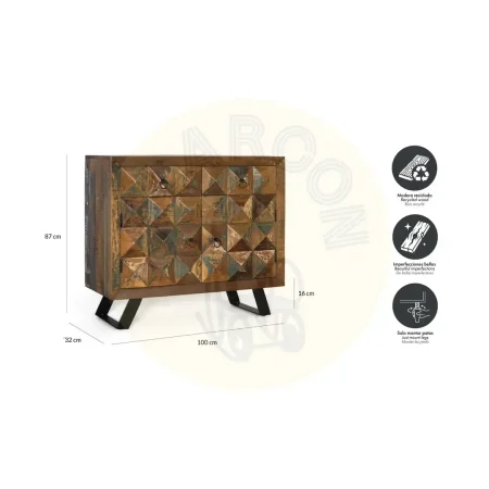 Consola Diamante Reciclado 2 cajones 2 puertas madera reciclada patas de hierro acabado multicolor patas negras estilo industrial 100x32x87cm - Giner y Colomer - 6425GYC - foto-secundaria-5