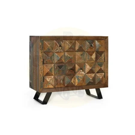 Consola Diamante Reciclado 2 cajones 2 puertas madera reciclada patas de hierro acabado multicolor patas negras estilo industrial 100x32x87cm - Giner y Colomer - 6425GYC - foto-secundaria-7