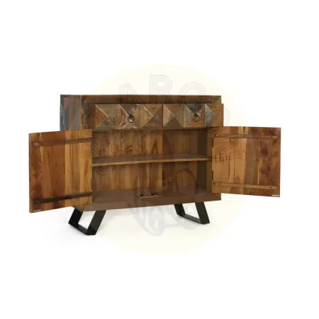 Consola Diamante Reciclado 2 cajones 2 puertas madera reciclada patas de hierro acabado multicolor patas negras estilo industrial 100x32x87cm - Giner y Colomer - 6425GYC - foto-secundaria-8