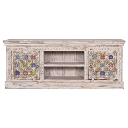 Mueble de TV Bakhra en madera de mango con 2 puertas y detalles en azulejo y bronce 150x40x60cm - Giner y Colomer - 6571GYC - foto-blanco