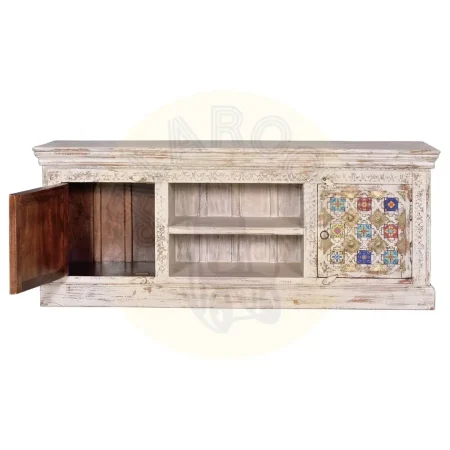 Mueble de TV Bakhra en madera de mango con 2 puertas y detalles en azulejo y bronce 150x40x60cm - Giner y Colomer - 6571GYC - foto-secundaria-2