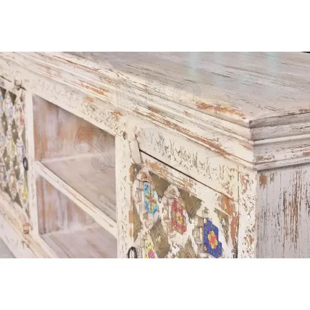 Mueble de TV Bakhra en madera de mango con 2 puertas y detalles en azulejo y bronce 150x40x60cm - Giner y Colomer - 6571GYC - foto-secundaria-3