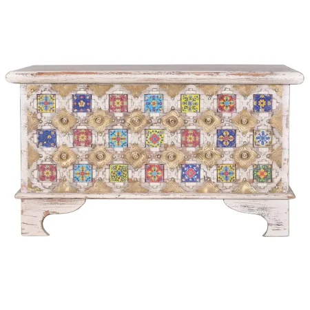 Baúl Bakhra en madera de mango con detalles en azulejo y bronce 80x40x46cm - Giner y Colomer - 6574GYC - foto-blanco