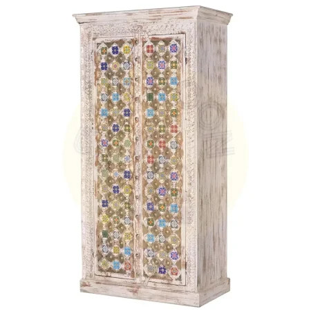 Armario Bakhra en madera de mango acabado natural con detalles en cerámica y bronce 2 puertas interior con 2 estantes y barra 90x50x180cm - Giner y Colomer - 6576GYC - foto-secundaria-1