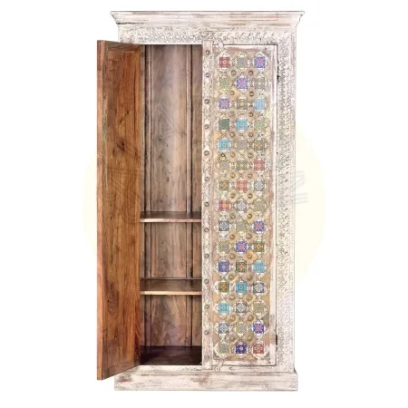 Armario Bakhra en madera de mango acabado natural con detalles en cerámica y bronce 2 puertas interior con 2 estantes y barra 90x50x180cm - Giner y Colomer - 6576GYC - foto-secundaria-2