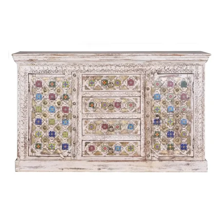 Aparador Bakhra en madera de mango maciza con detalles en cerámica y bronce diseño artesanal y espacio interior funcional 150x40x90cm - Giner y Colomer - 6577GYC - foto-blanco