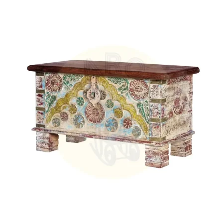 Baúl Rime de madera de mango estilo étnico con detalles en bronce acabado multicolor y gran capacidad 80x40x45cm - Giner y Colomer - 6645GYC - foto-secundaria-1