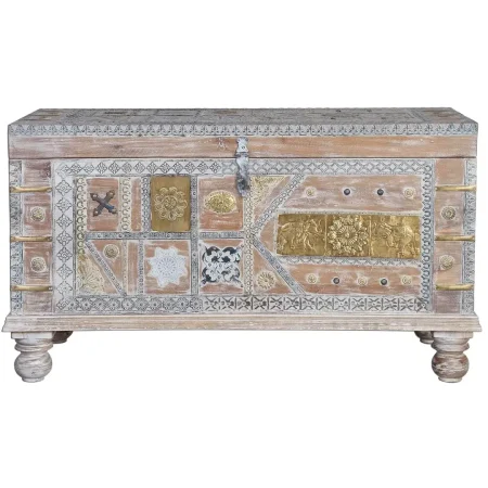 Baúl Dirob en madera de mango estilo étnico con apertura superior y detalles en bronce acabado blanco envejecido 100x40x57cm - Giner y Colomer - 6657GYC - foto-blanco