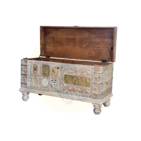 Baúl Dirob en madera de mango estilo étnico con apertura superior y detalles en bronce acabado blanco envejecido 100x40x57cm - Giner y Colomer - 6657GYC - foto-secundaria-2