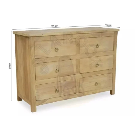 Cómoda de madera maciza de teca reciclada con 6 amplios cajones acabado natural 114x45x80cm - Moycor - 6681601MYC - foto-medidas