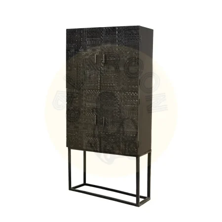 Armario Jeroglifico 4 puertas talladas a mano madera de mango maciza base de hierro negro 90x40x177cm - Giner y Colomer - 6709GYC - foto-secundaria-1