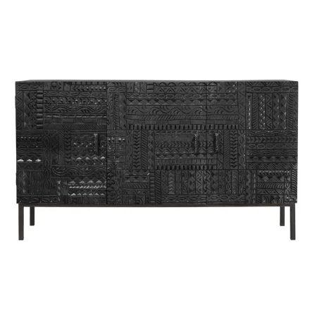 Aparador Jeroglifico 3 puertas en madera de mango maciza con base de metal y puertas talladas a mano en negro 150x40x85cm - Giner y Colomer - 6716GYC - foto-blanco