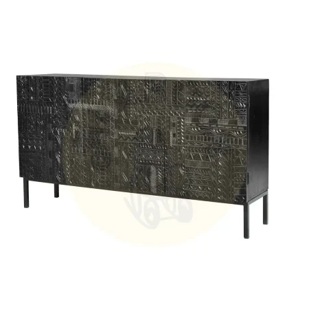 Aparador Jeroglifico 3 puertas en madera de mango maciza con base de metal y puertas talladas a mano en negro 150x40x85cm - Giner y Colomer - 6716GYC - foto-secundaria-1
