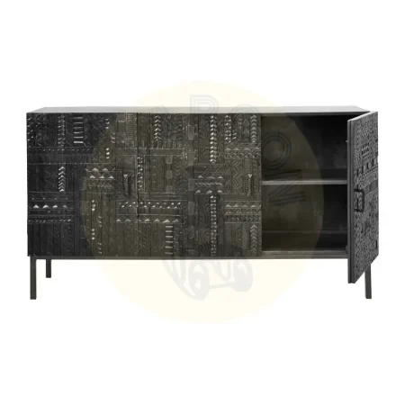 Aparador Jeroglifico 3 puertas en madera de mango maciza con base de metal y puertas talladas a mano en negro 150x40x85cm - Giner y Colomer - 6716GYC - foto-secundaria-2