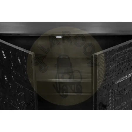 Aparador Jeroglifico 3 puertas en madera de mango maciza con base de metal y puertas talladas a mano en negro 150x40x85cm - Giner y Colomer - 6716GYC - foto-secundaria-3