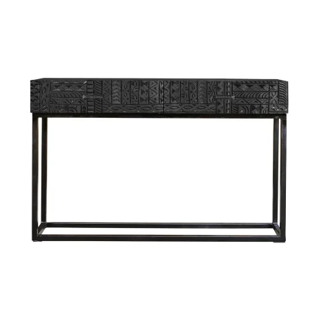 Consola Jeroglifico en madera de mango tallada con base metálica negra y 2 cajones 120x30x76cm - Giner y Colomer - 6719GYC - foto-blanco