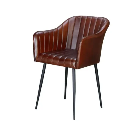 Sillón en piel marrón con estructura de hierro y patas negras asiento y respaldo cómodos 54x60x82cm - Giner y Colomer - 6748GYC - foto-blanco
