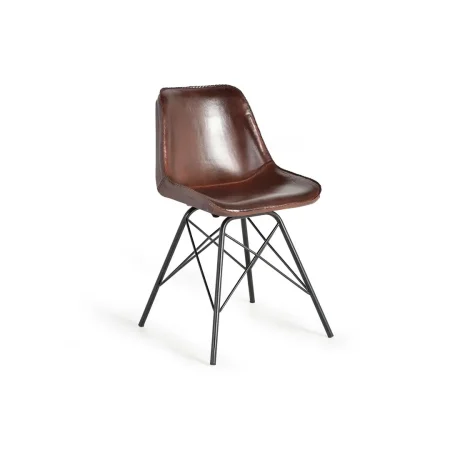 Silla Brindisi tapizada en piel marrón con respaldo ergonómico y patas de hierro negro estilo industrial 45x54x83cm - Giner y Colomer - 6751GYC - foto-blanco