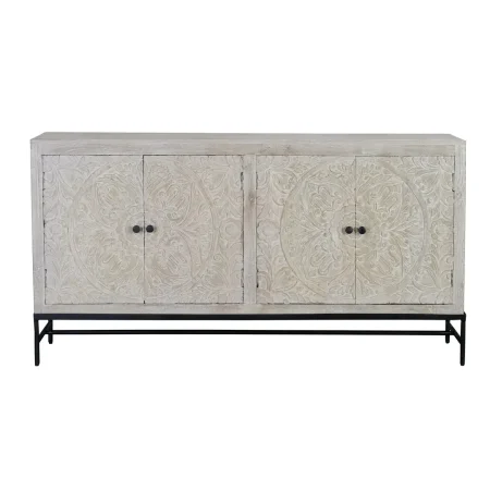 Aparador Cremona 4 puertas en madera de mango maciza talladas a mano base de hierro negro acabado blanco envejecido con estantes interiores 170x39x90cm - Giner y Colomer - 6791GYC - foto-blanco