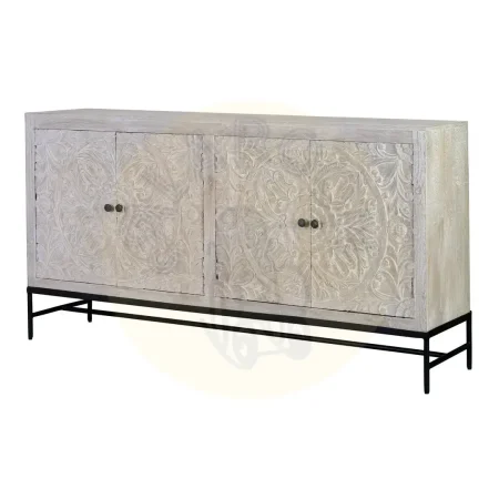 Aparador Cremona 4 puertas en madera de mango maciza talladas a mano base de hierro negro acabado blanco envejecido con estantes interiores 170x39x90cm - Giner y Colomer - 6791GYC - foto-secundaria-1