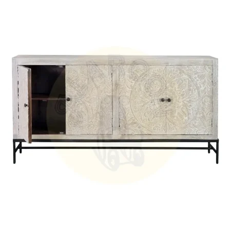 Aparador Cremona 4 puertas en madera de mango maciza talladas a mano base de hierro negro acabado blanco envejecido con estantes interiores 170x39x90cm - Giner y Colomer - 6791GYC - foto-secundaria-2
