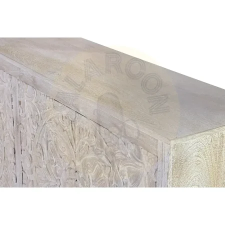 Aparador Cremona 4 puertas en madera de mango maciza talladas a mano base de hierro negro acabado blanco envejecido con estantes interiores 170x39x90cm - Giner y Colomer - 6791GYC - foto-secundaria-5