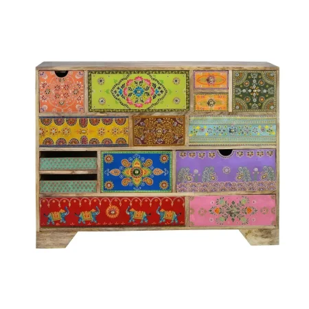 Cómoda Tours 14 cajones en madera de mango multicolor con detalles pintados a mano estilo artesanal 120x40x90cm - Giner y Colomer - 6797GYC - foto-blanco