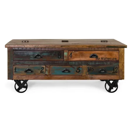 Mesa de centro Verrier madera auténtica reciclada multicolor con 5 cajones ruedas de hierro apertura superior 110x70x42cm - Giner y Colomer - 6805GYC - foto-blanco