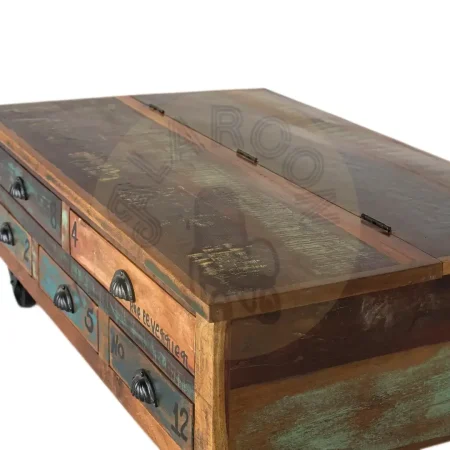 Mesa de centro Verrier madera auténtica reciclada multicolor con 5 cajones ruedas de hierro apertura superior 110x70x42cm - Giner y Colomer - 6805GYC - foto-secundaria-1