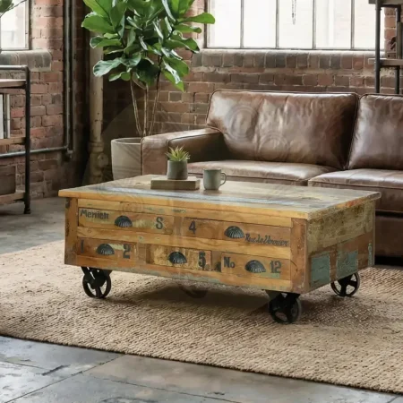 Mesa de centro Verrier madera auténtica reciclada multicolor con 5 cajones ruedas de hierro apertura superior 110x70x42cm - Giner y Colomer - 6805GYC - foto-secundaria-4