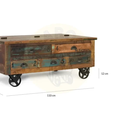 Mesa de centro Verrier madera auténtica reciclada multicolor con 5 cajones ruedas de hierro apertura superior 110x70x42cm - Giner y Colomer - 6805GYC - foto-secundaria-5