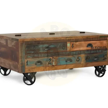 Mesa de centro Verrier madera auténtica reciclada multicolor con 5 cajones ruedas de hierro apertura superior 110x70x42cm - Giner y Colomer - 6805GYC - foto-secundaria-7