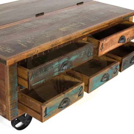 Mesa de centro Verrier madera auténtica reciclada multicolor con 5 cajones ruedas de hierro apertura superior 110x70x42cm - Giner y Colomer - 6805GYC - foto-secundaria-9