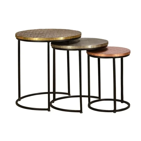 Set de 3 mesas de centro nido Avignon redondas estructura metálica tapas bronce cobre latón base negra apilables diseño industrial artesanal// Grande 45. mediana 38. pequeña 28xGrande 45. mediana 38. pequeña 28xGrande 49. mediana 44. pequeña 39cm - Giner y Colomer - 6806GYC - foto-blanco