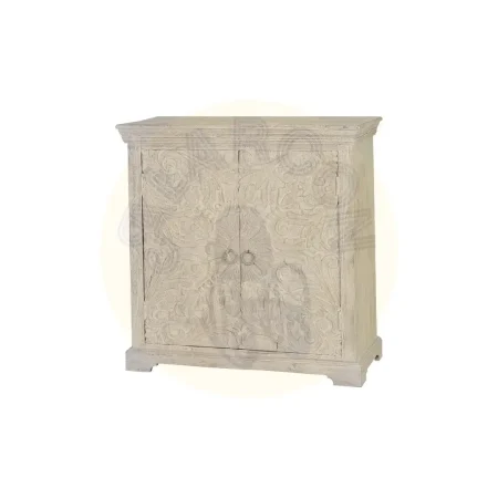 Cómoda Perpiñán en madera de mango con 2 puertas talladas a mano y estante interior acabado blanco envejecido 90x40x90cm - Giner y Colomer - 6815GYC - foto-secundaria-1