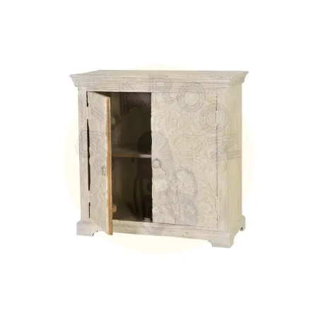 Cómoda Perpiñán en madera de mango con 2 puertas talladas a mano y estante interior acabado blanco envejecido 90x40x90cm - Giner y Colomer - 6815GYC - foto-secundaria-2