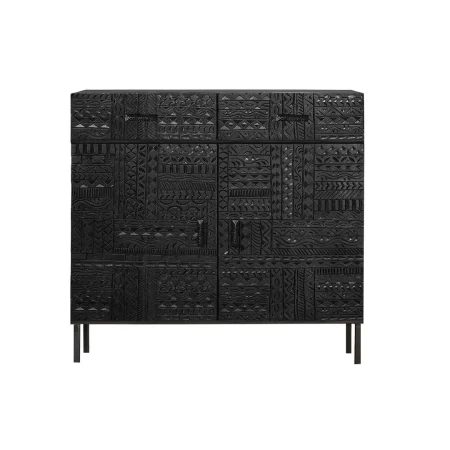 Cómoda Jeroglifico 2 puertas y 2 cajones madera de mango tallada a mano base metálica negra acabado nogal oscuro diseño artesanal y toque industrial 100x40x76cm - Giner y Colomer - 6821GYC - foto-blanco