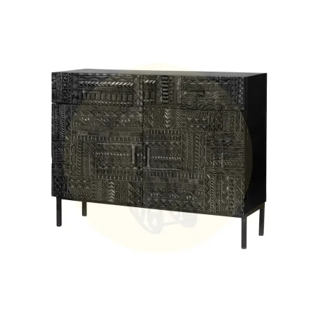 Cómoda Jeroglifico 2 puertas y 2 cajones madera de mango tallada a mano base metálica negra acabado nogal oscuro diseño artesanal y toque industrial 100x40x76cm - Giner y Colomer - 6821GYC - foto-secundaria-1