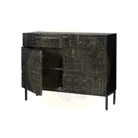 Cómoda Jeroglifico 2 puertas y 2 cajones madera de mango tallada a mano base metálica negra acabado nogal oscuro diseño artesanal y toque industrial 100x40x76cm - Giner y Colomer - 6821GYC - foto-secundaria-2