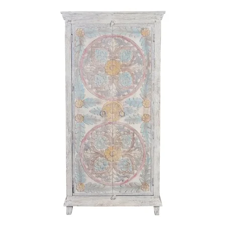 Armario de mango blanco envejecido con detalles multicolor puertas talladas a mano y estantes interiores estilo artesanal 90x40x180cm - Giner y Colomer - 6837GYC - foto-blanco
