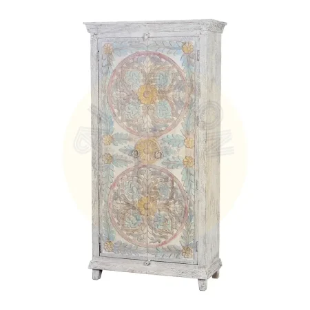 Armario de mango blanco envejecido con detalles multicolor puertas talladas a mano y estantes interiores estilo artesanal 90x40x180cm - Giner y Colomer - 6837GYC - foto-secundaria-1