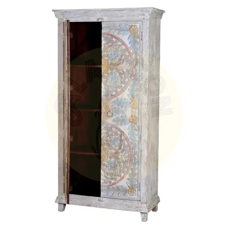Armario de mango blanco envejecido con detalles multicolor puertas talladas a mano y estantes interiores estilo artesanal 90x40x180cm - Giner y Colomer - 6837GYC - foto-secundaria-2