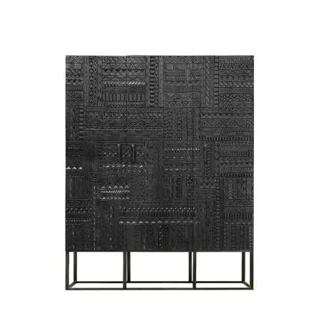 Armario Jeroglífico 3 puertas de madera de mango talladas a mano base metal negro estantes interiores estilo artesanal 120x40x135cm - Giner y Colomer - 6838GYC - foto-blanco