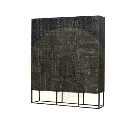 Armario Jeroglífico 3 puertas de madera de mango talladas a mano base metal negro estantes interiores estilo artesanal 120x40x135cm - Giner y Colomer - 6838GYC - foto-secundaria-1