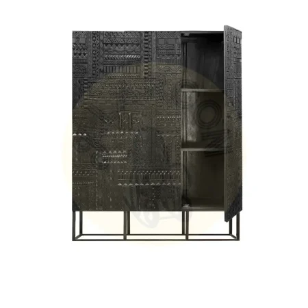 Armario Jeroglífico 3 puertas de madera de mango talladas a mano base metal negro estantes interiores estilo artesanal 120x40x135cm - Giner y Colomer - 6838GYC - foto-secundaria-2