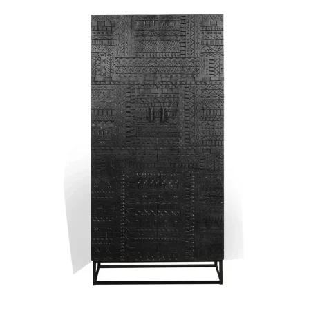 Armario Jeroglifico en madera de mango y base de hierro dos puertas talladas a mano con estantes interiores y barra de colgar estilo industrial y artesanal 90x50x180cm - Giner y Colomer - 6872GYC - foto-blanco